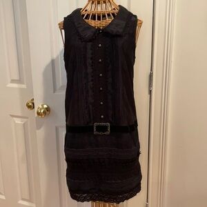 Anna Sui Black Sleeveless Drop-Waist Lace Trim Dress
